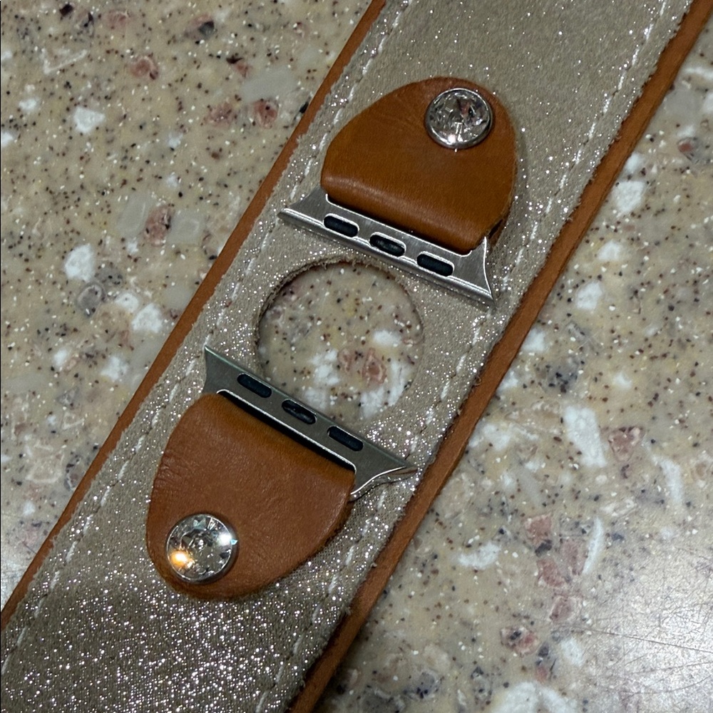 Glitter Leather Snap Cuff Watch Band Adapter in Tan and Silver - Picture 2 of 4